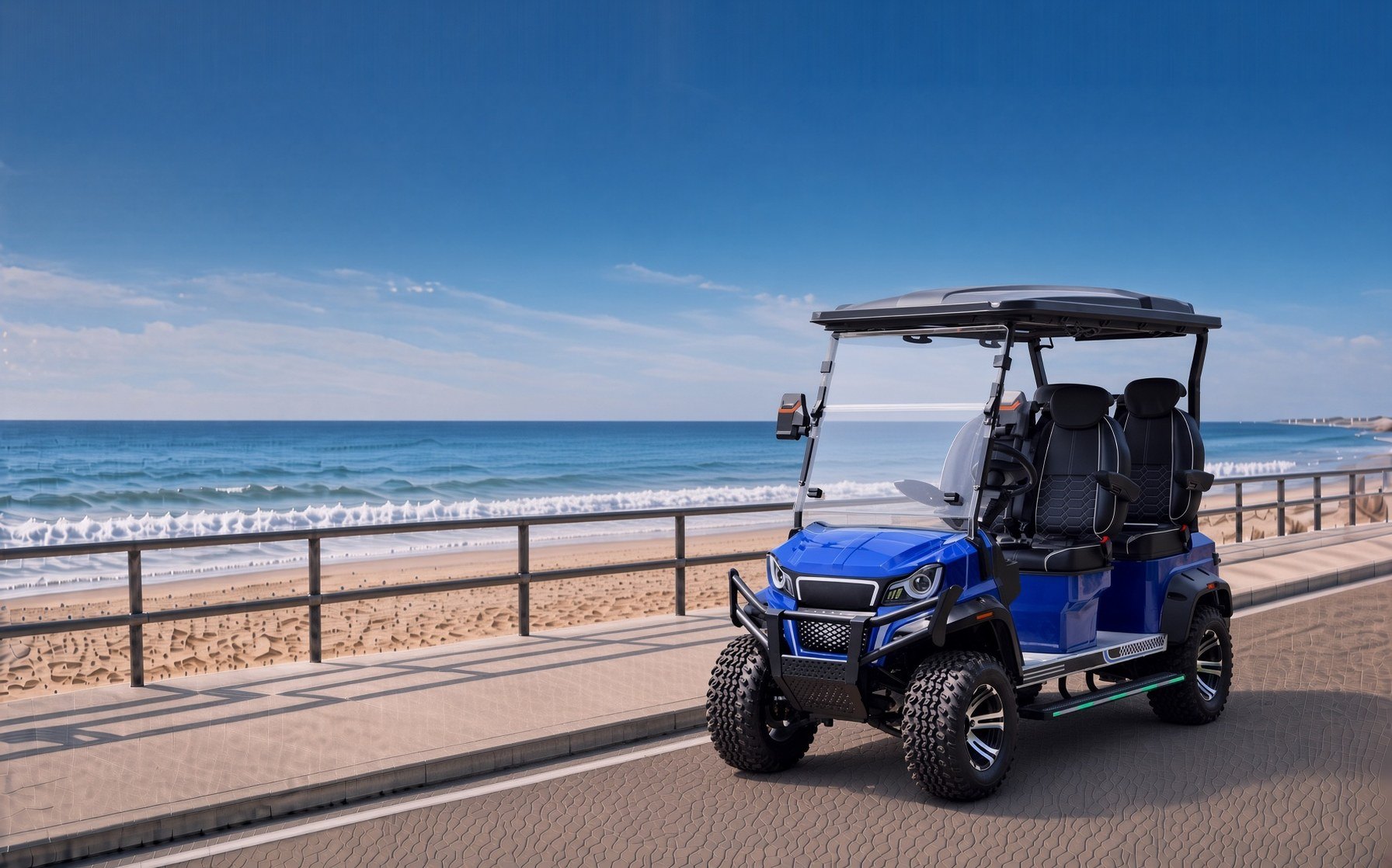 Blue street-legal 4-passenger golf cart on the Carolina Beach boardwalk