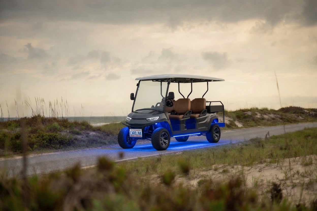 White street-legal golf cart on a beach road at sunset in Carolina Beach